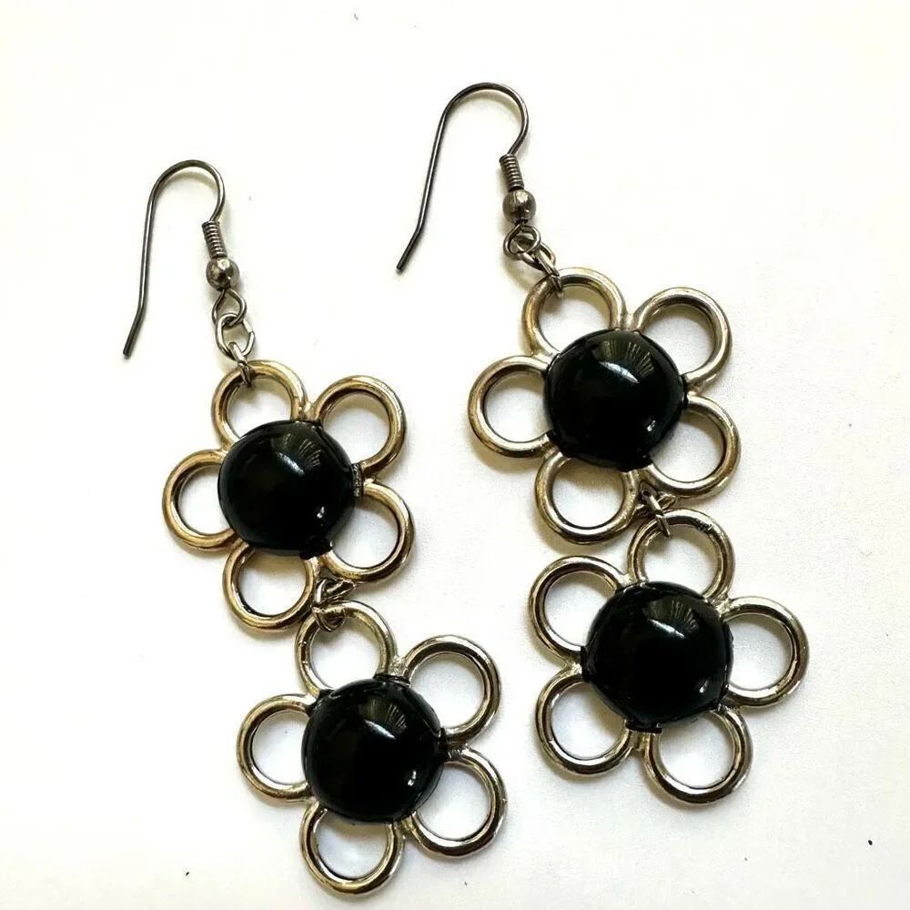 Silver tone black beaded flower drop earrings